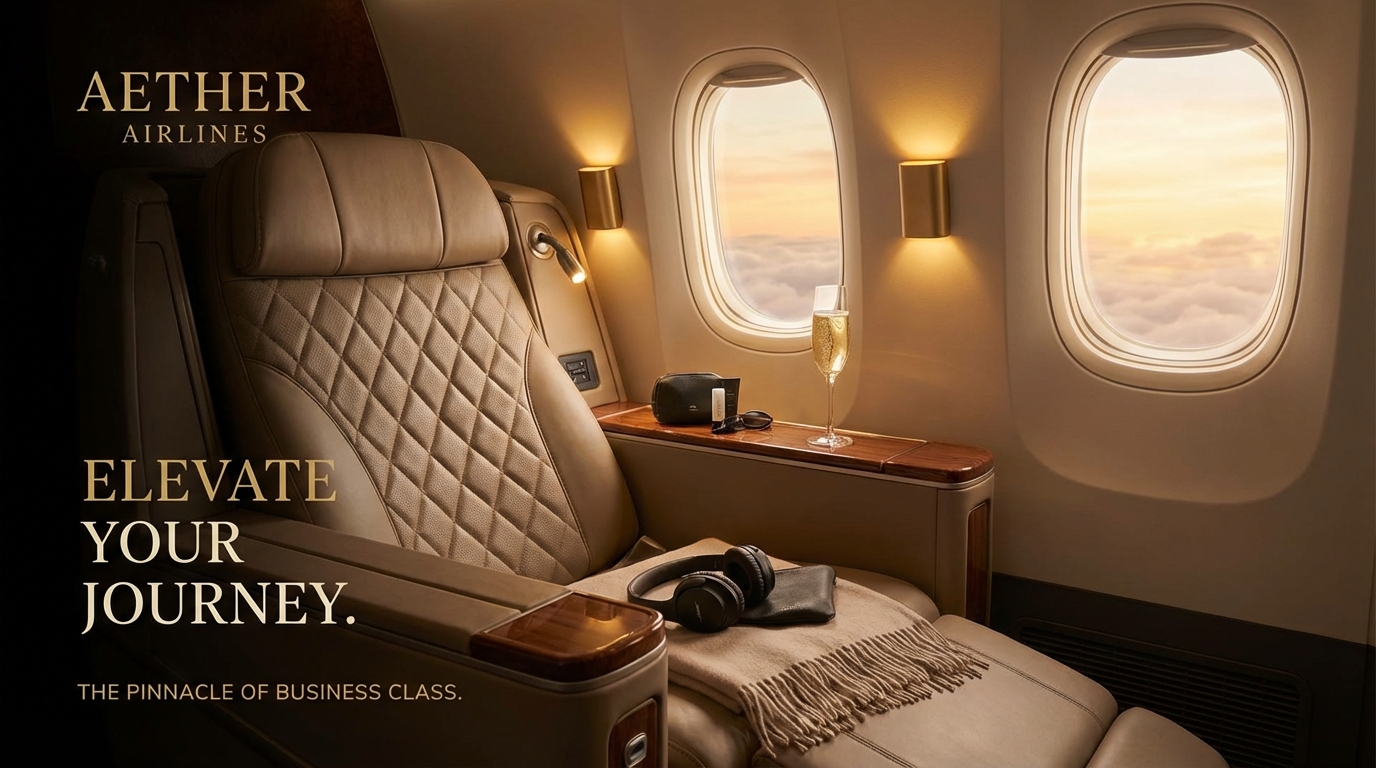 Business class seat at sunset