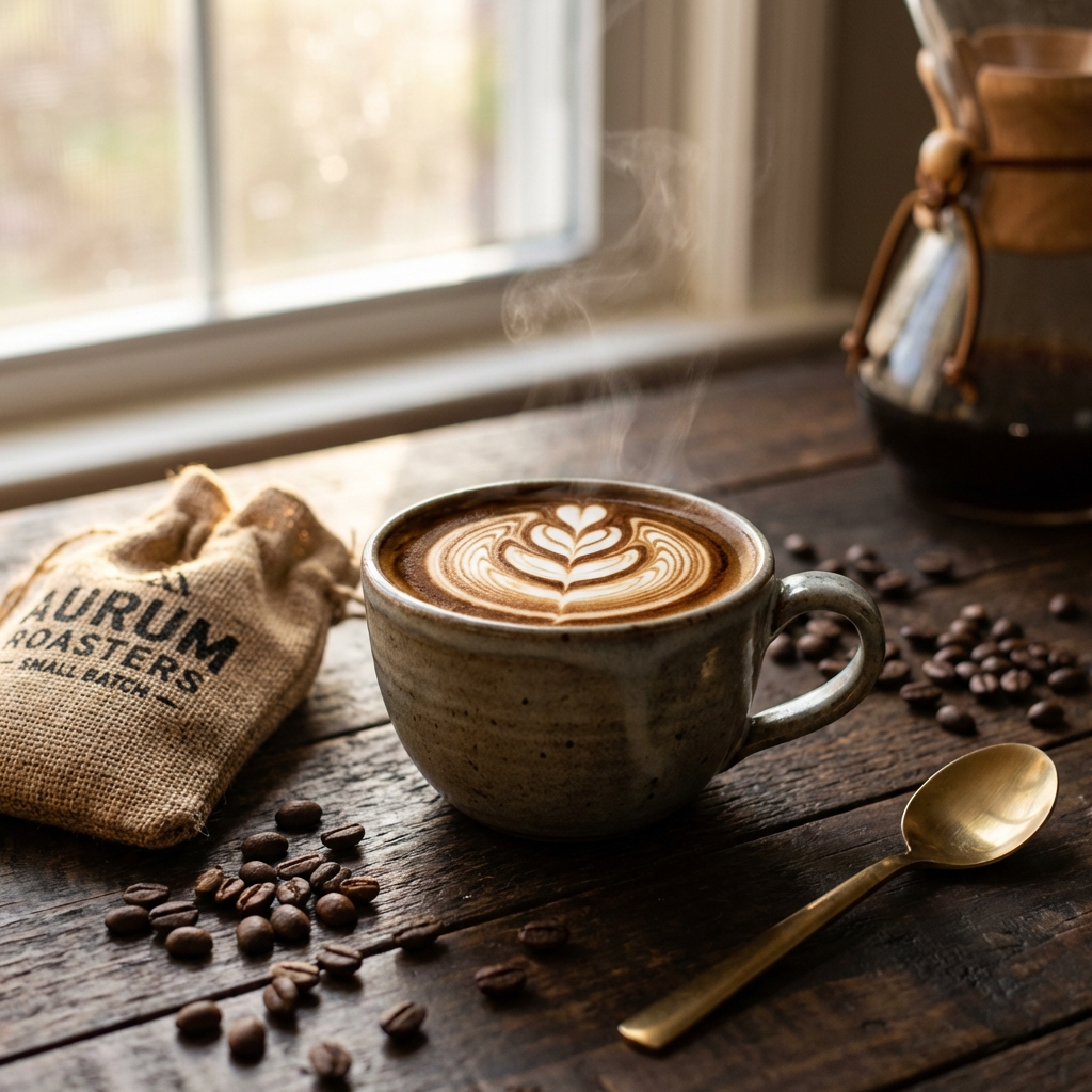 Artisanal latte art on dark wood
