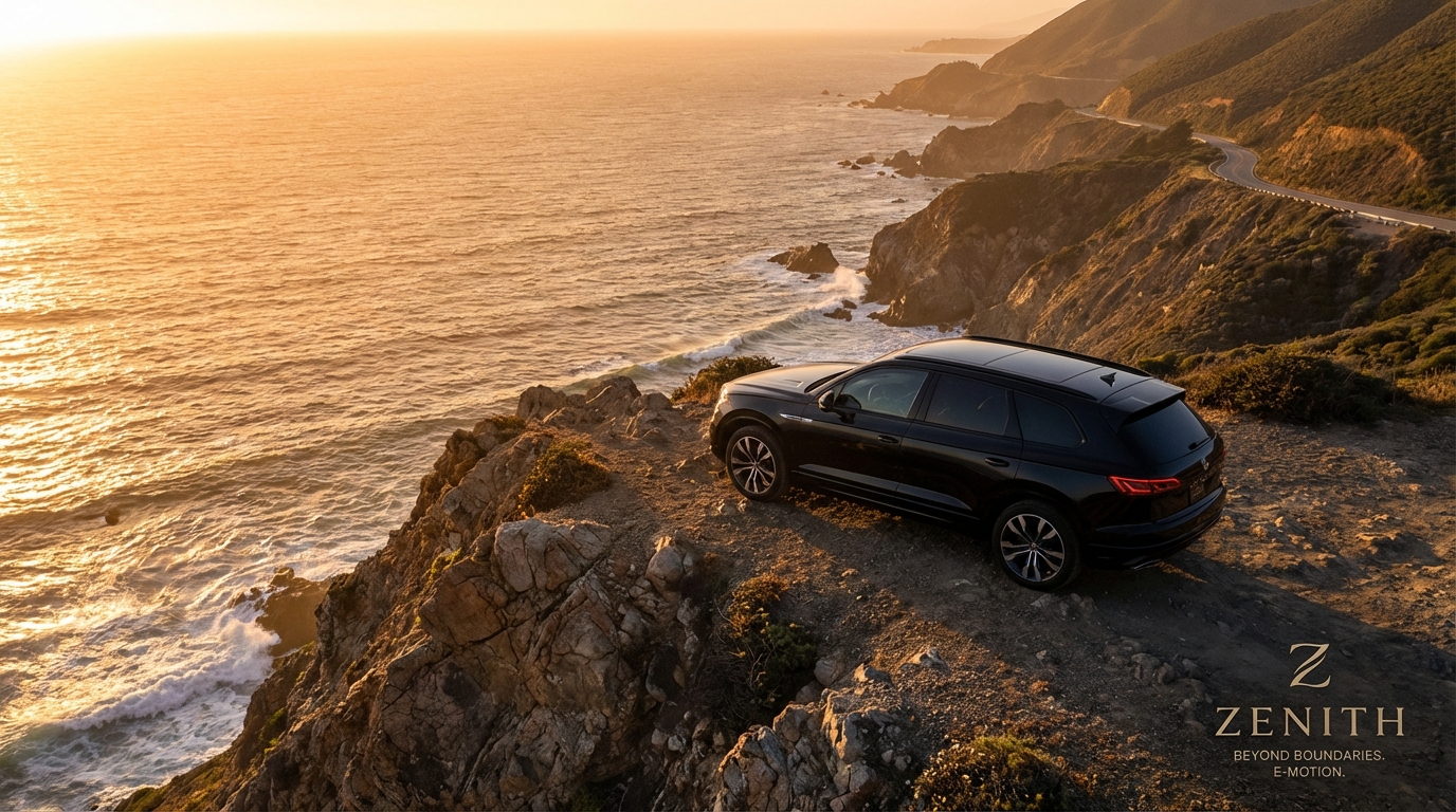 Electric SUV on cliff at sunset