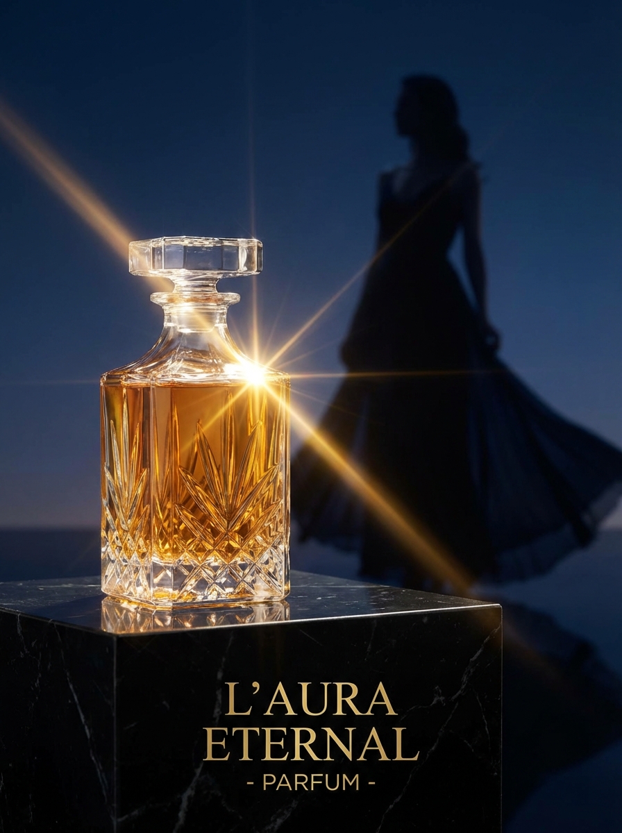 Perfume ad with crystal bottle