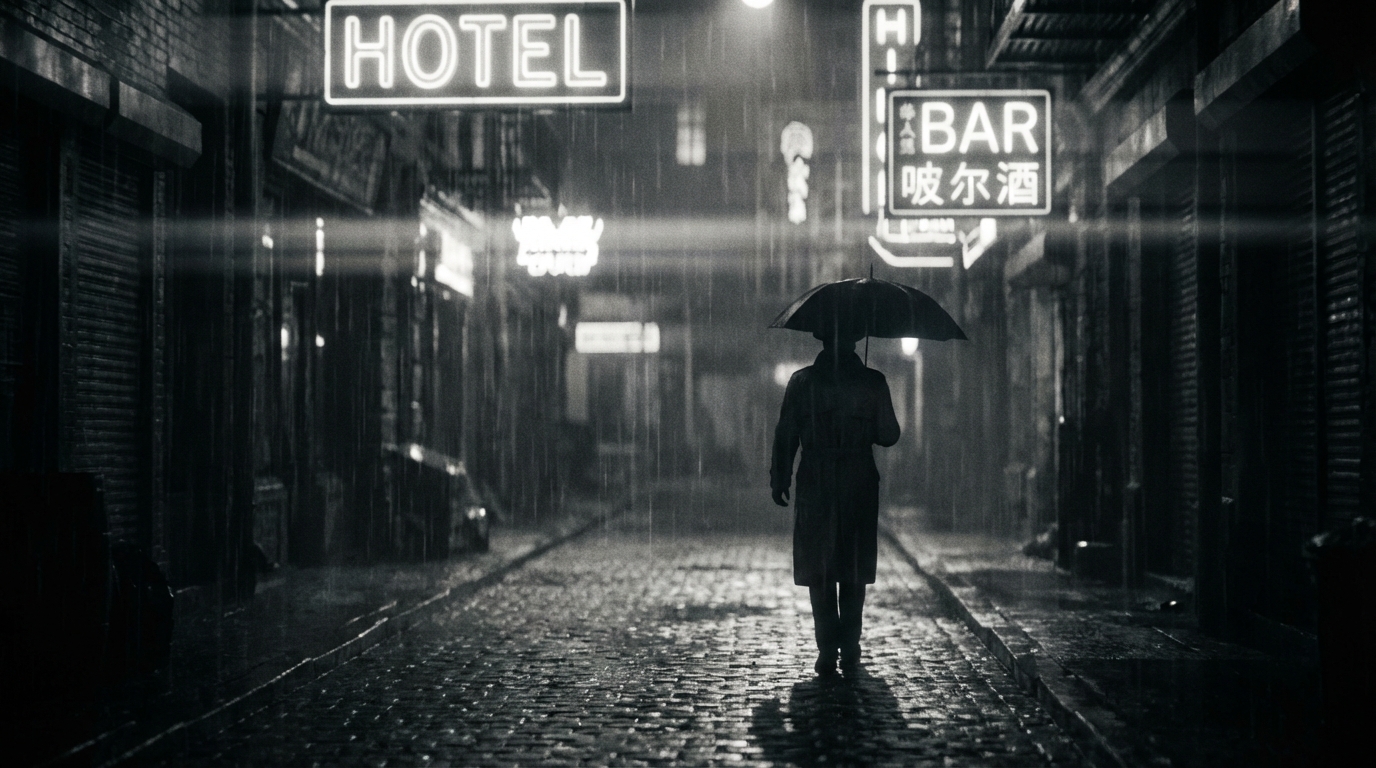 Rain-soaked city noir at night