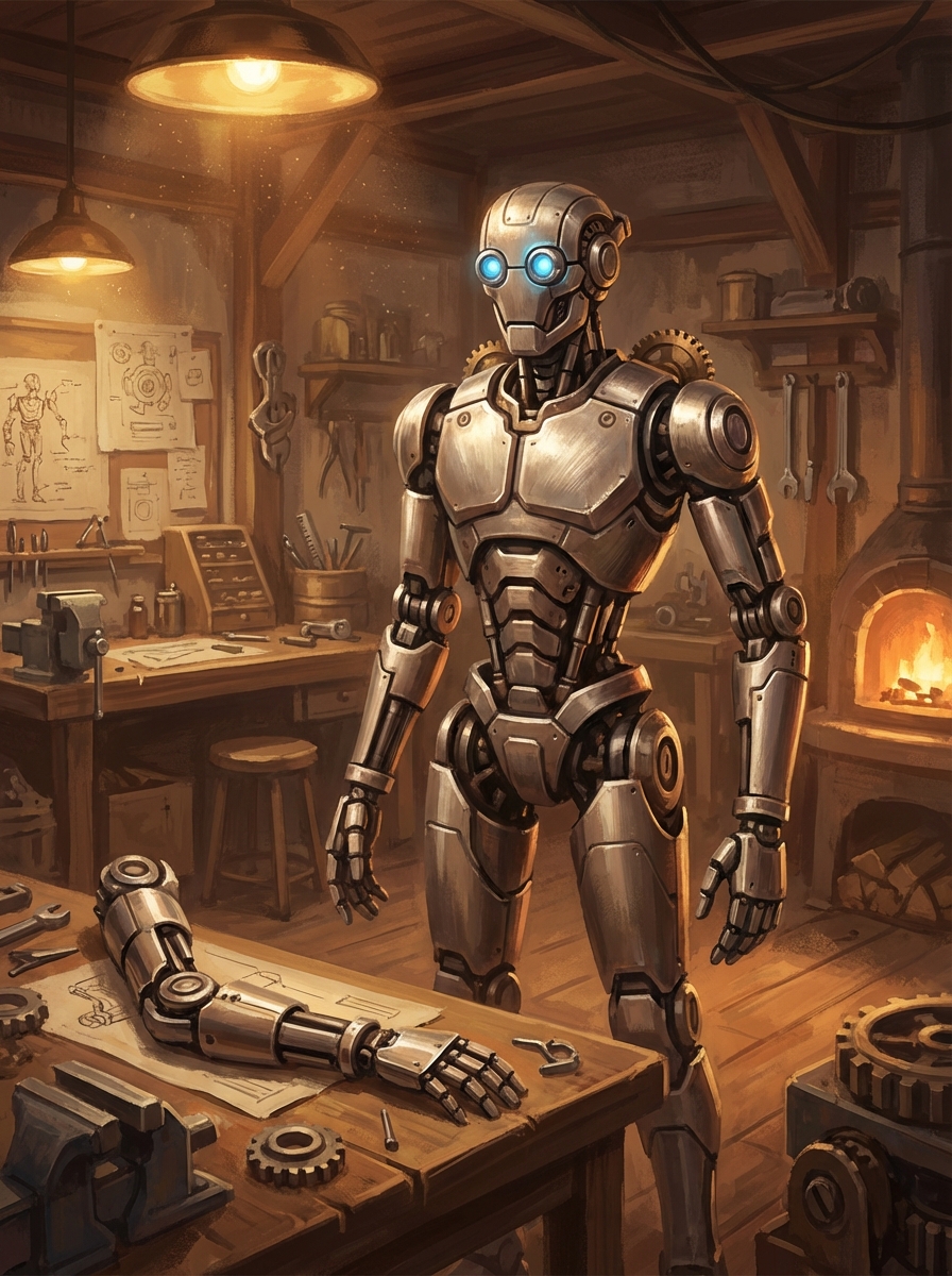 Futuristic robot in warm workshop