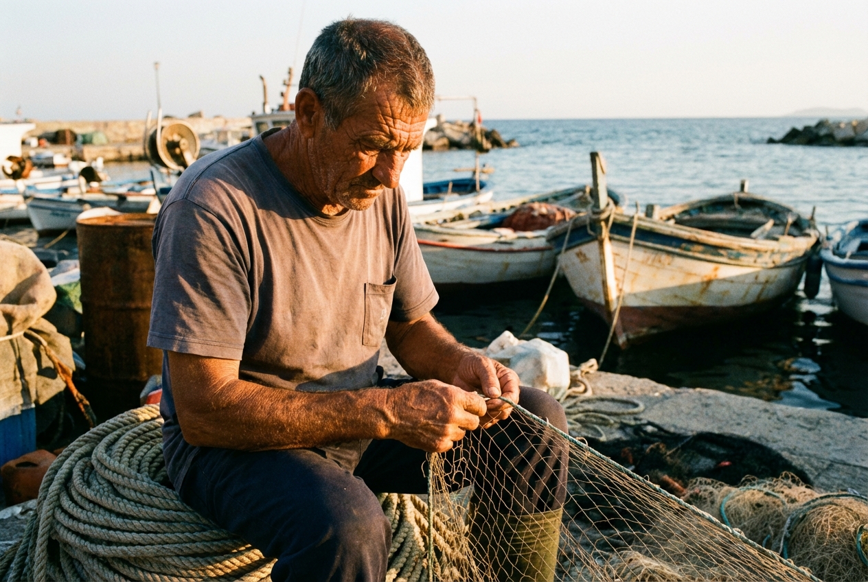 Fisherman mending nets at dawn