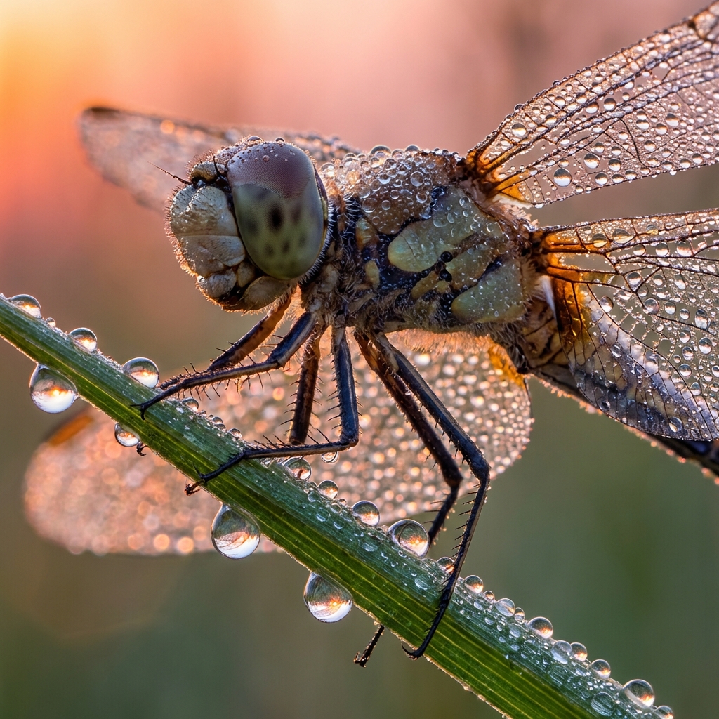 Dragonfly in morning dew macro