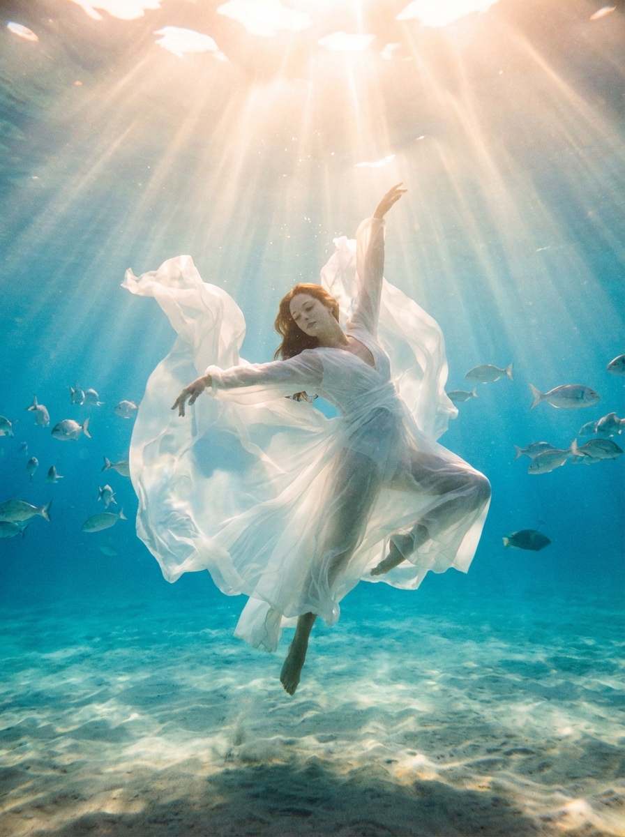 Underwater dancer in flowing dress